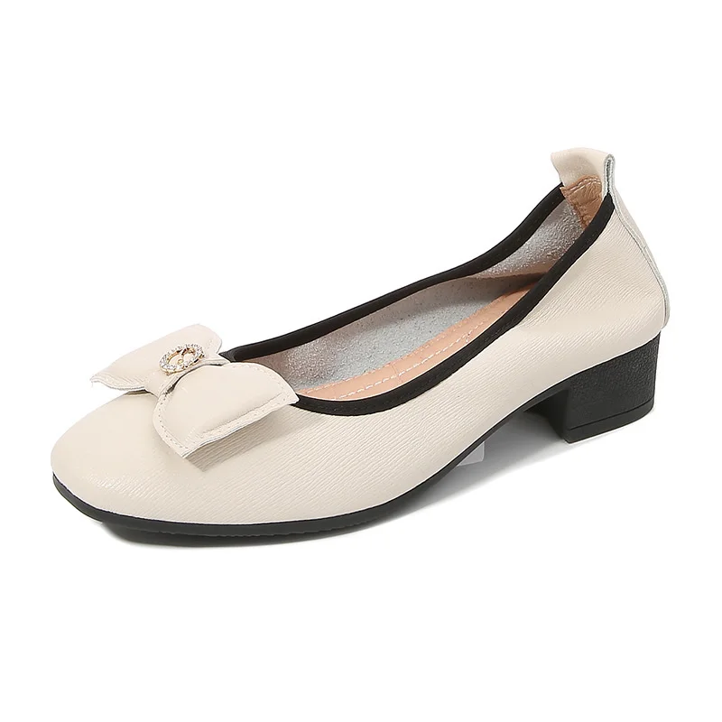 Hot Women Large Size 34-43 Bow-knot Flats Woman Thick Heels Loafers Shallow Soft Bottom Moccasins Square Toe Grandma Shoes