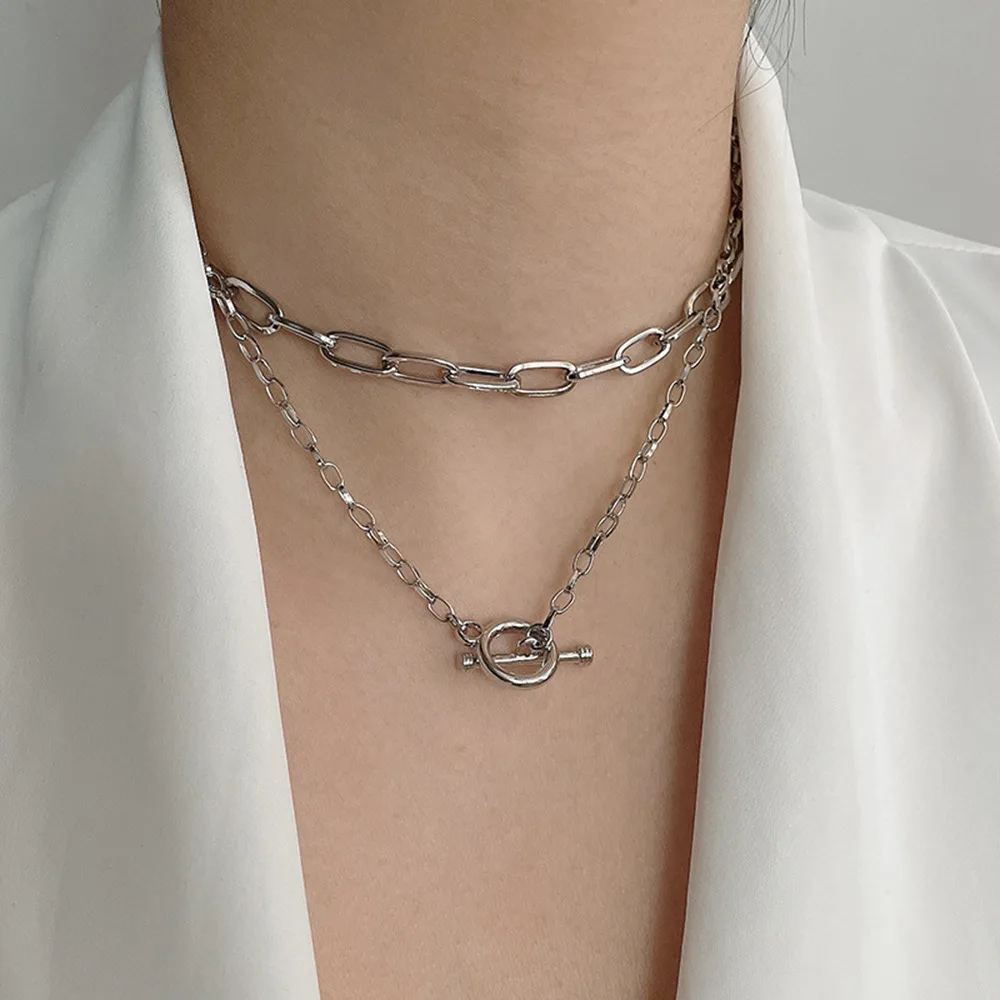 

KISS WIFE Korean Silver Color Multilayer Chain Necklace For Women Fashion Choker Simple Toggle Clasp Necklaces Party Jewelry