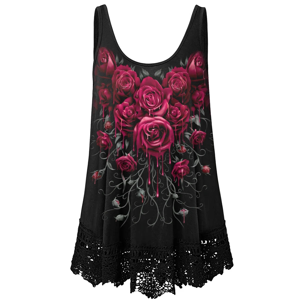 

Tops Women U Neck Large Size L-5XL Clothing Sleeveless Vest T Shirt Dark Rose Floral Printing Summer Spring Casual Clothes D30