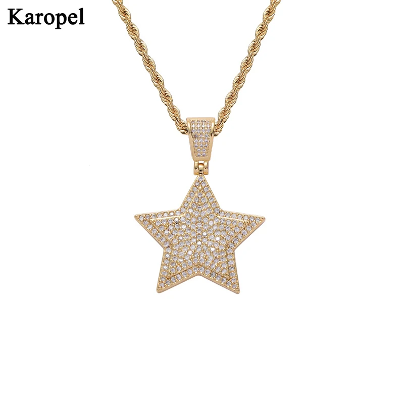 

Karopel Hip Hop Iced Out Bling Five-pointed Star Pendant Necklaces Men's Pendant Pave Setting Zircon Fashion Charm Necklace