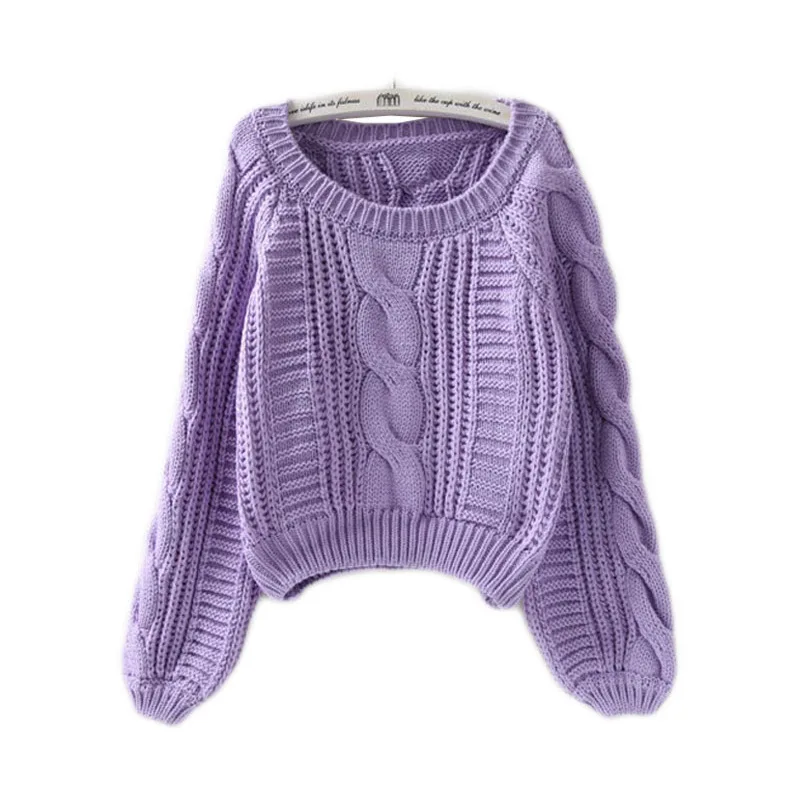 Женский трикотажный свитер с круглым вырезом теплый однотонный короткий пуловер