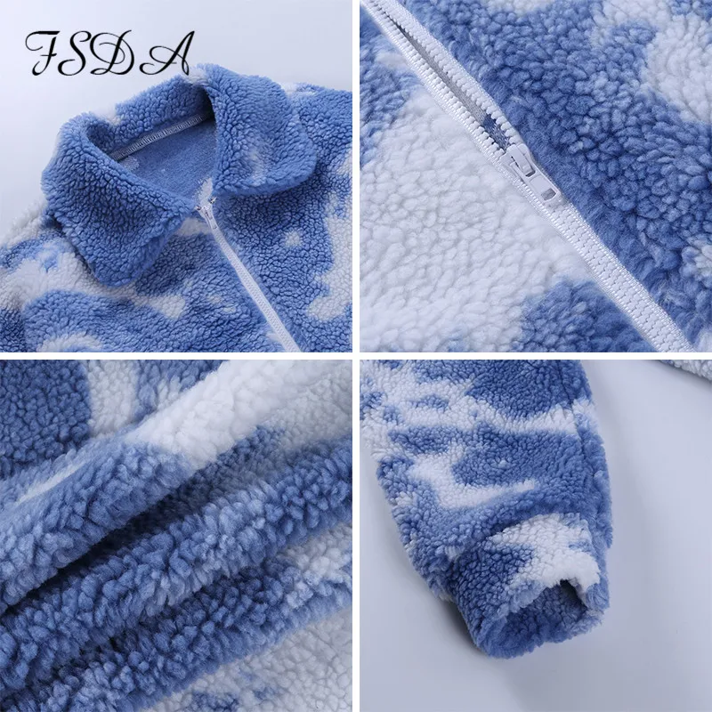 

FSDA Faux Fur Women Coat 2020 Turn Down Tie Dye Warm Autumn Winter Fashion Long Sleeve Oversized Coat Jacket Overcoat