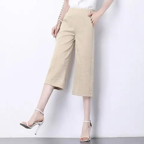 

2021 New Summer Women Elastic High Waist Wide Leg Skirt Pants Pure Color Korean Cotton Linen Casual Ladies Straight Trousers Z53