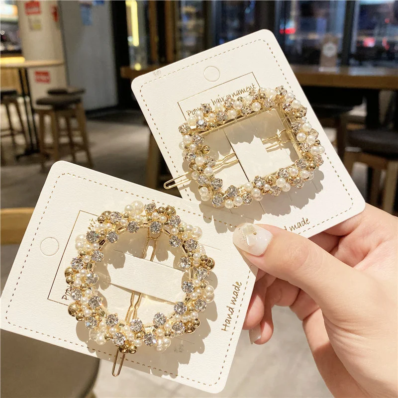 

Imitation Pearl Hairpin Rhinestone Simple Side Clip Word Clip Headdress Female Alloy Frog Buckle Pins Barrette Headwear