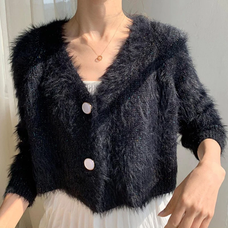 Purple cardigan sweater women's 2020 autumn winter short mohair coat top Soft comfortable Tops Female Pull femme |