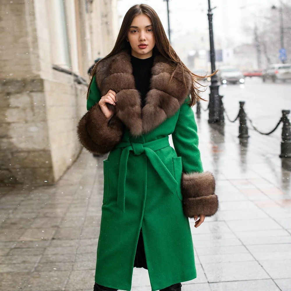 Long Green Wool Blends Coat with Fox Fur Turn-down Collar 2022 Winter New Genuine Fox Fur Cashmere Coats Outwear Thick Outwear