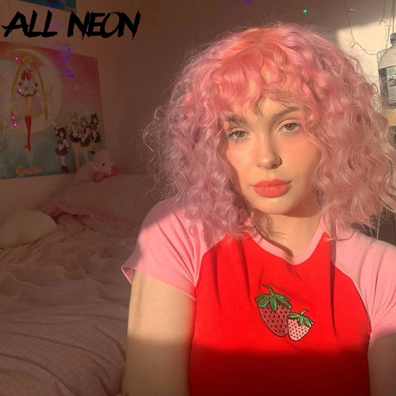 ALLNeon Милая Клубничная вышивка Короткие топы с вырезом спереди E girl круглым и