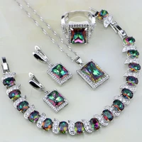 square rainbow mystic fire crystal 925 silver jewelry sets women wedding necklaceearringsbraceletpendantring