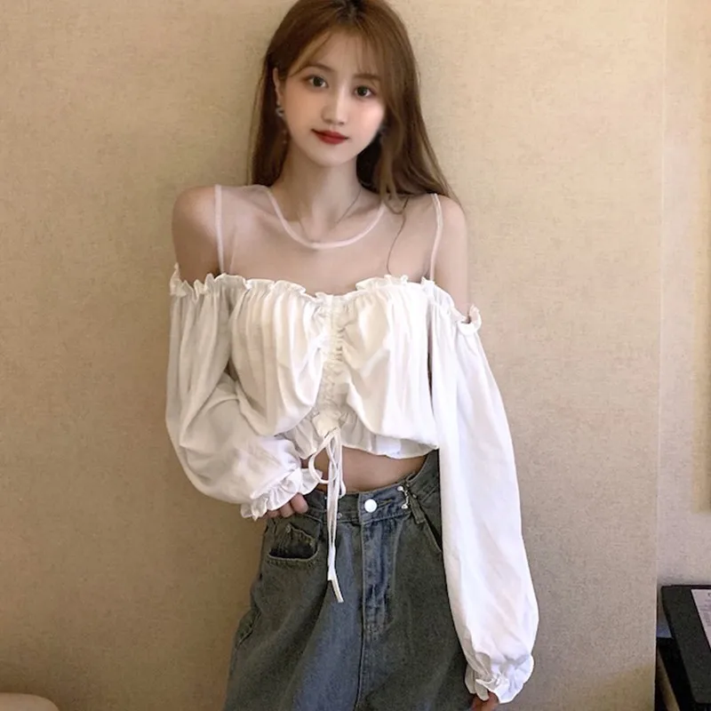 

Efinny Mesh Splicing Chiffon Blouse Women Korean Fashion Long Sleeve Blouses Sexy Navel Exposed Short Shirt Tops