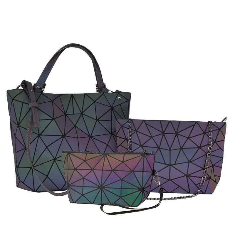 

Women Shoulder Bag Geometric Luminous Handbags 3 Pcs Bag Set Crossbody Bags for Women Holographic Female Purse and Handbag Tote