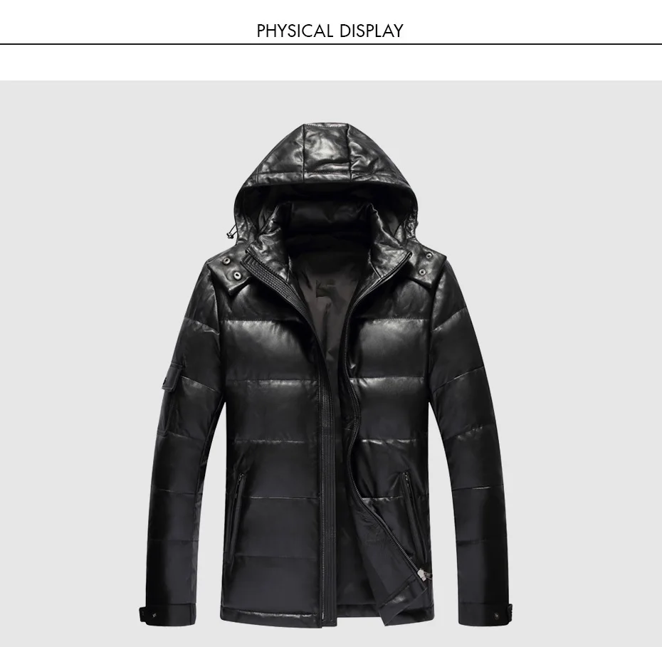 CARANFIER Mens Winter Warm Black Genuine Leather Real Lambskin Duck Down Hooded Jackets Coats Jaqueta De Couro Deri Ceket