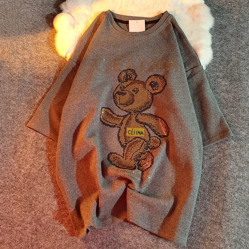 

Hot Rhinestone Bear Diamond Cotton Short Sleeve T-shirt Women 2021 Korean Loose Couple Top Summer Plus Size Woman Tshirts