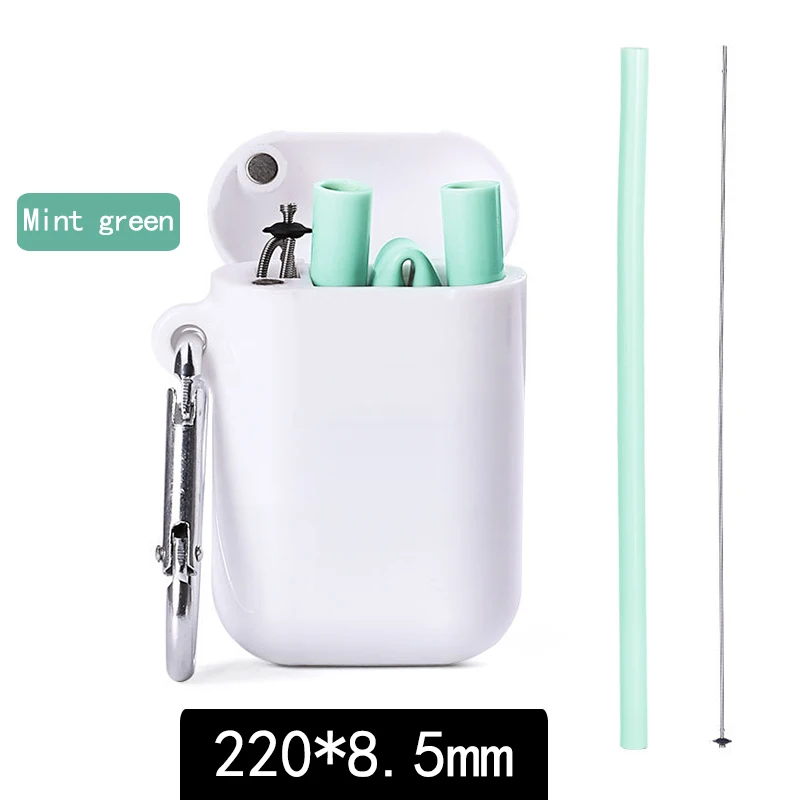 220x8.5mm green Портативные складные соломинки для питья, аксессуары для бара, многоразовые силиконовые соломинки для вечерние, для офиса, путешествий, с щеткой для чистки, чехол - Цвет: 220x8.5mm green