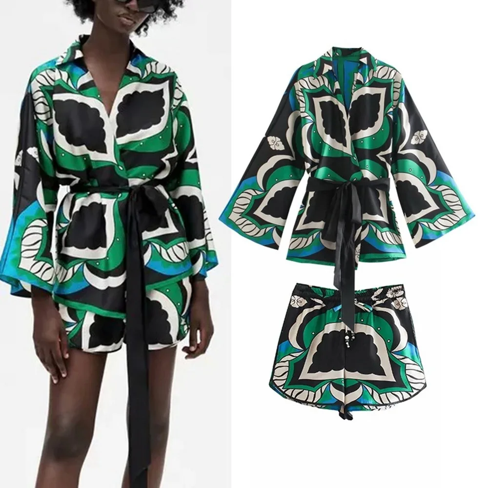 

Women Fashion With Belt Printed Wrap Kimono Blouses Vintage Three Quarter Sleeve Female Shirts Chic Tops