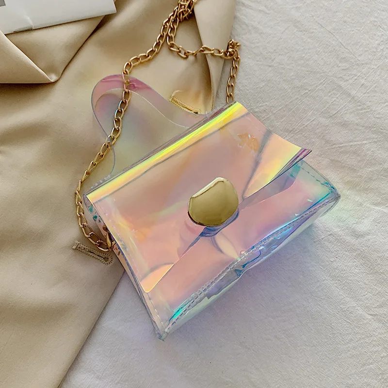 

2021 New Mini Laser Chain Transparent Jelly Bag Chain Shoulder Messenger Little Fairy Magnetic Buckle Small Square Bag
