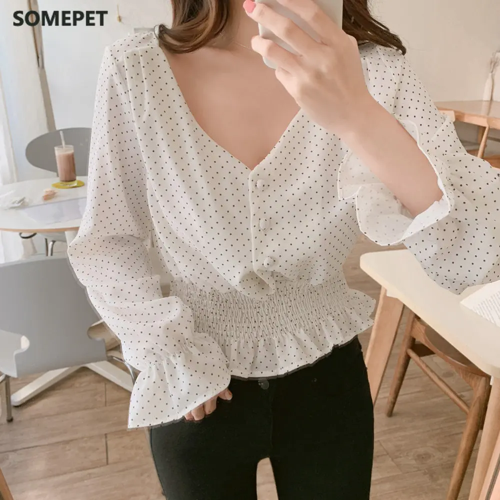 

Vintage V-neck Flare long Sleeve Polka Dot Women Blouse Shirts Elegant Slim Waist Ruffles Female Blouse blusas Plus size