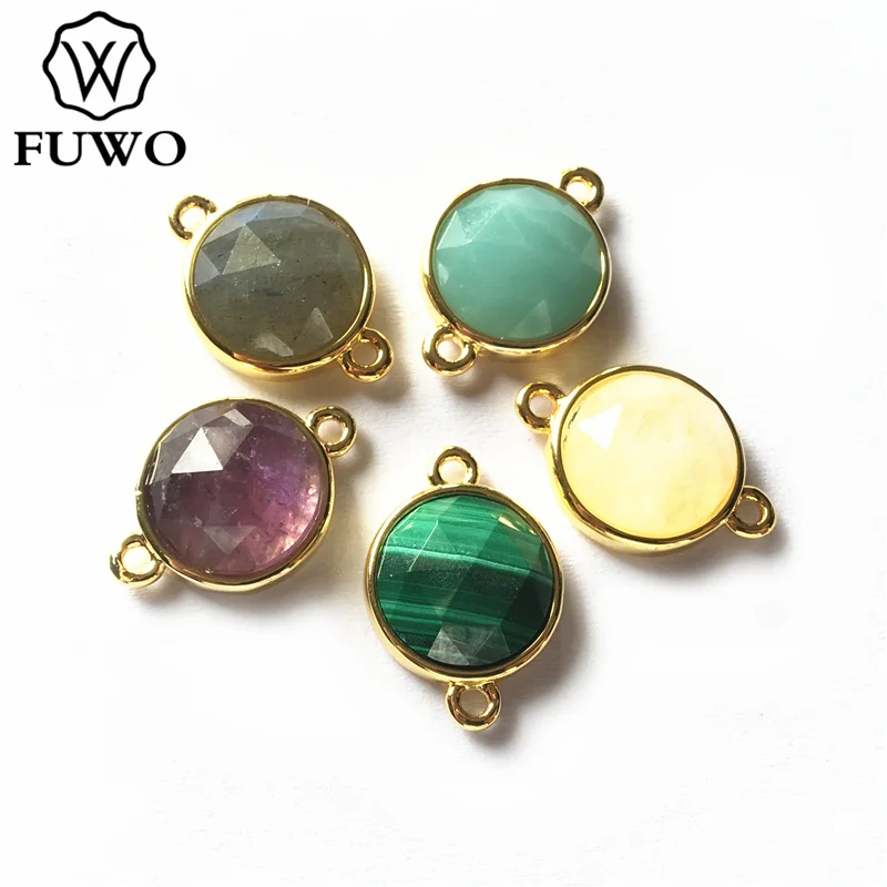 

FUWO Tiny Round Charms 12mm Natural Malachite Labradorite Amethysts Pink Quartz Moonstone Connector for DIY Jewelry Making PD297