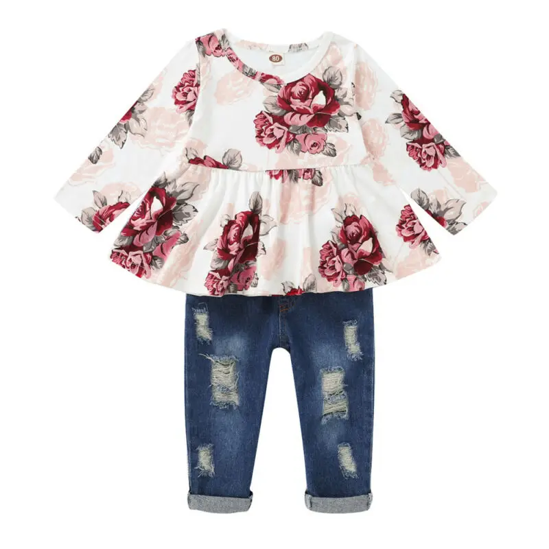 

Girls Summer Plant Print 2-piece Set White Round Neck Corset Waist Pleated Design Top Make Old Hole Decoration Casual Jeans