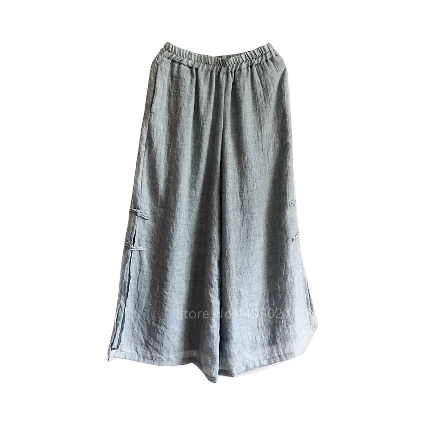 

Chinese Linen Women Yoga Pants Loose Wide Leg Tai Chi Casual Pants Solid Cotton Elastic Waist Split Summer Breathable Trouser