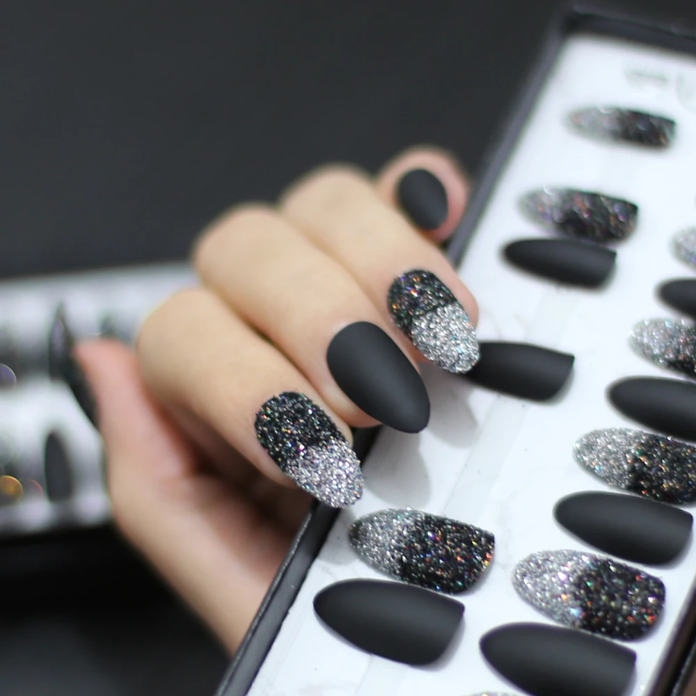 Блестящие накладные ногти на шпильке красные Омбре градиентные синий полный