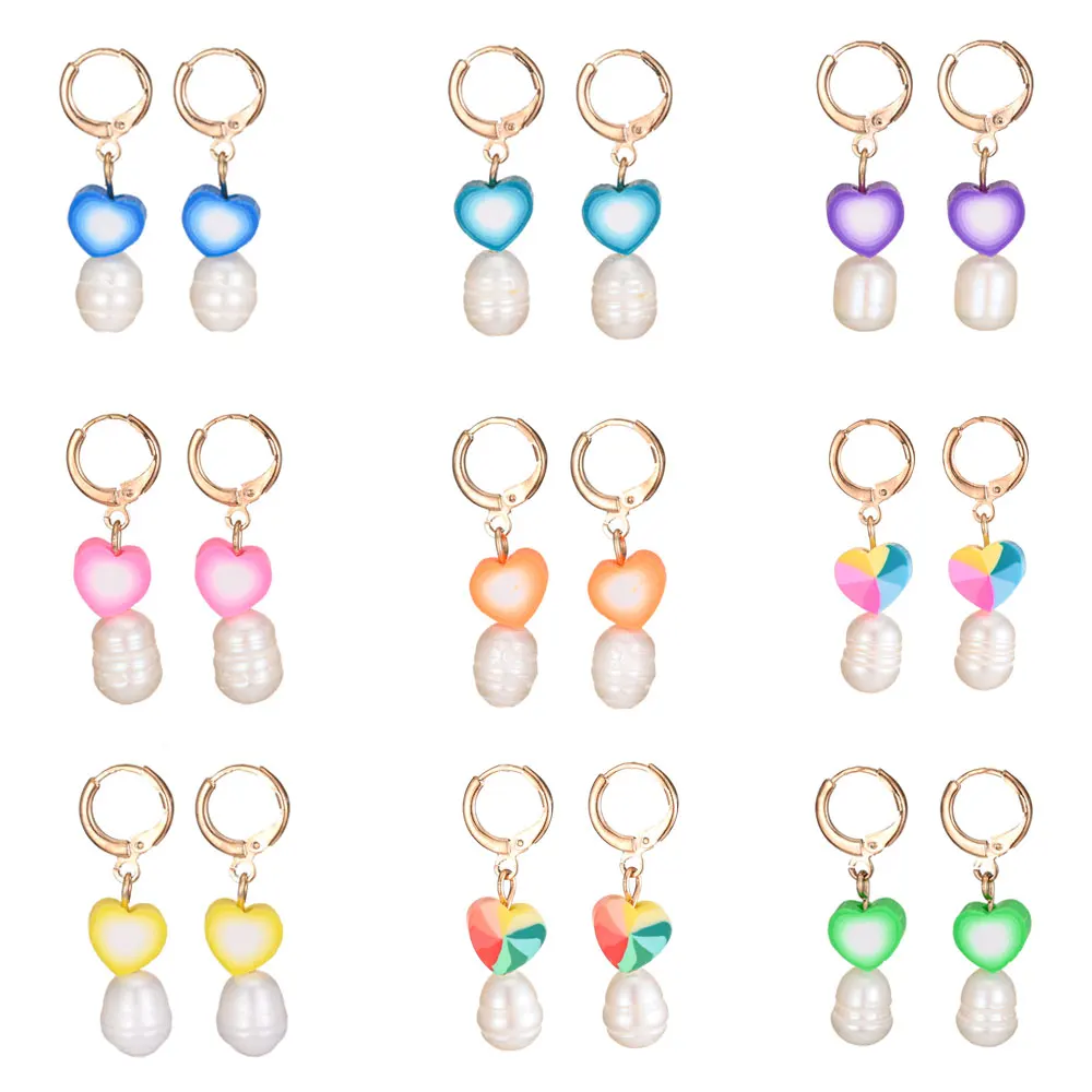 2021 новые полимерная глина серьги в виде сердца с натуральным жемчугом висячие