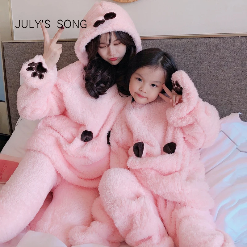 

JULY'S SONG Flannel Cartoon Women Pajamas Set Autumn Winter Thick Warm Girl Coral Fleece Parent-child Sleepwear Homewear