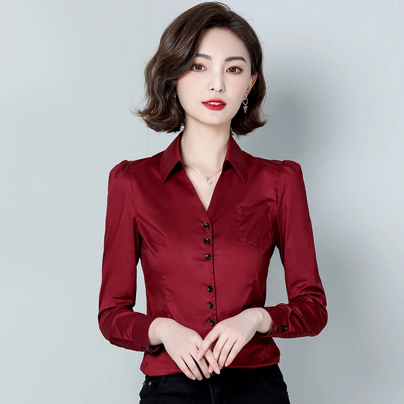 

Атласные свободные женские рубашки, новые модные блузки, повседневные блузы с длинным рукавом, однотонные рубашки-поло с воротником, осення...