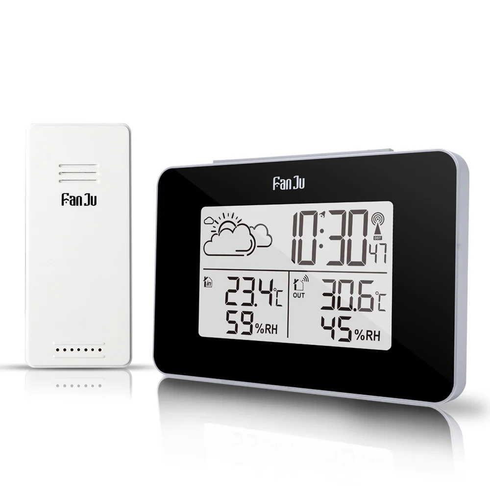 FanJu FJ3364 Метеостанция Будильник цифровой беспроводной датчик Forecast Snooze настольные часы DCF термометр гигрометр инструменты - Цвет: Черный