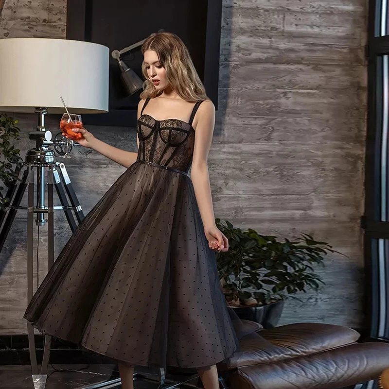 

Fashion Black Dotted Tulle Short Evening Prom Dresses Spaghetti Straps Sweetheart Corset Prom Party Gowns 2021