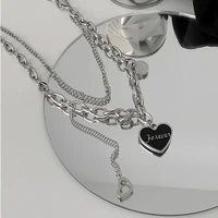 hip hop stainless steel black peach heart pendant double layer necklac women trend punk heart shape clavicle chain jewelry gift