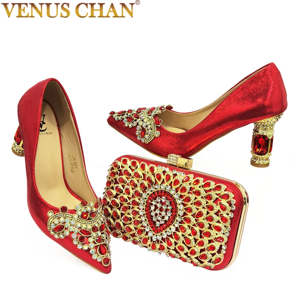 

Venus Chan 2022 Classic Vintage Palace Rhinestone Accessories Ladies Shoes and Bag Set Embroidered Pointed Toe High Heels