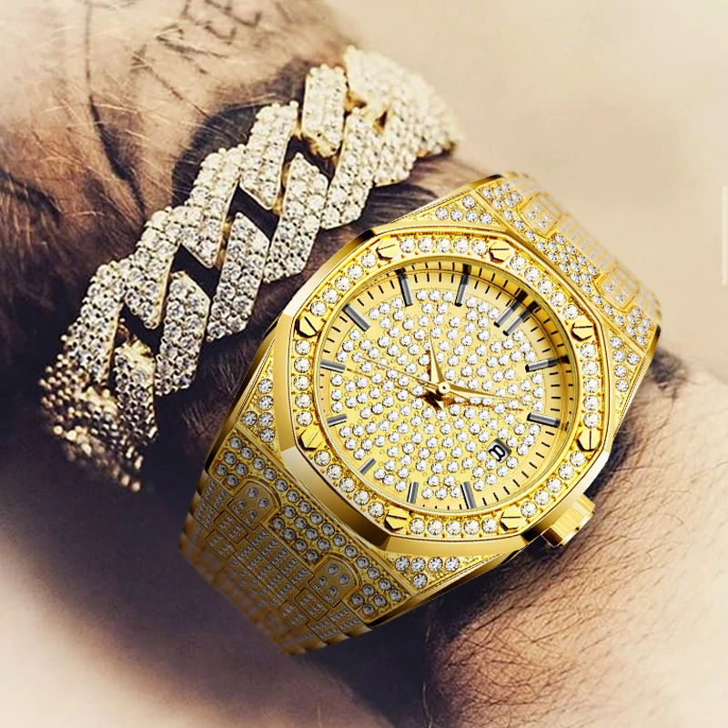MISSFOX класса люкс Для мужчин часы календарь 18K позолоченный полный бриллиантовые