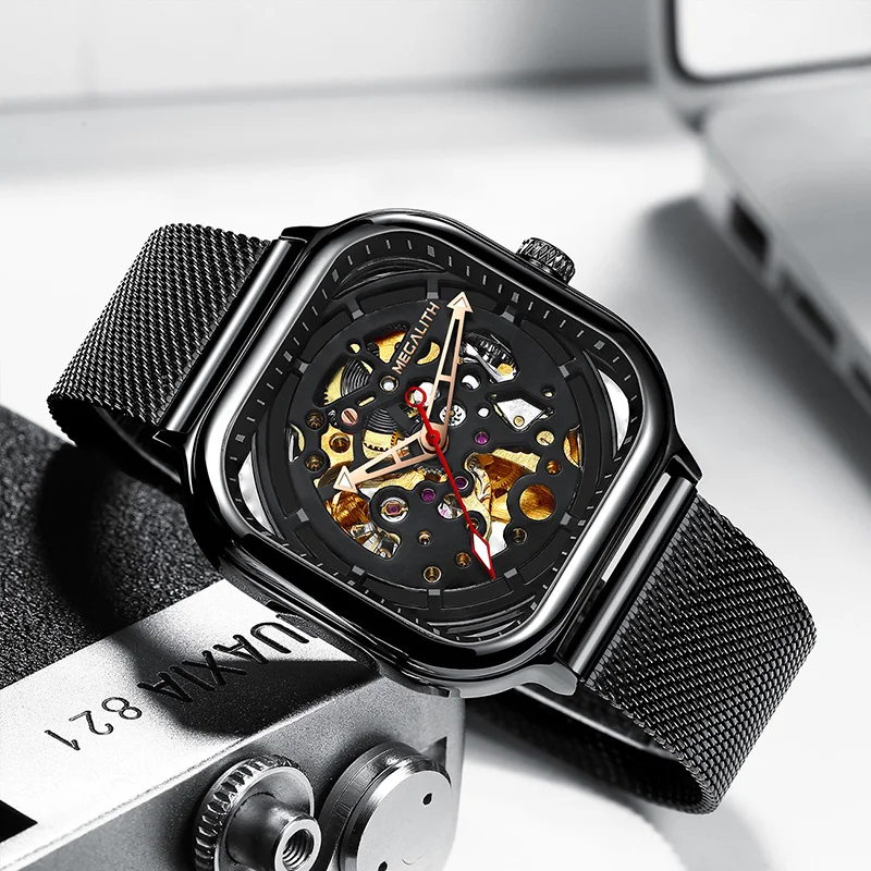 Men Mechanical Watch MEGALITH Fashion Sport Luxury Waterproof Black Stainless Steel Mesh Watches Relogio Masculino | Наручные часы