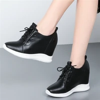fashion sneakers women genuine leather wedges high heel vulcanized shoes female lace up round toe platform trainers casual shoes