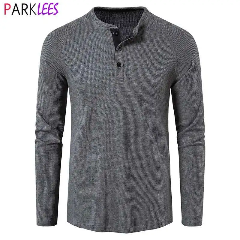 Classic Waffle Henley Tshirt Men 2022 Brand New Crew Neck Long Sleeve Slim Fit Tee Shirt Homme Casual Heavy Weight T Shirts Male