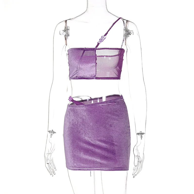 

2021 summer women's one-shoulder mesh stitching camisole short skirt suit