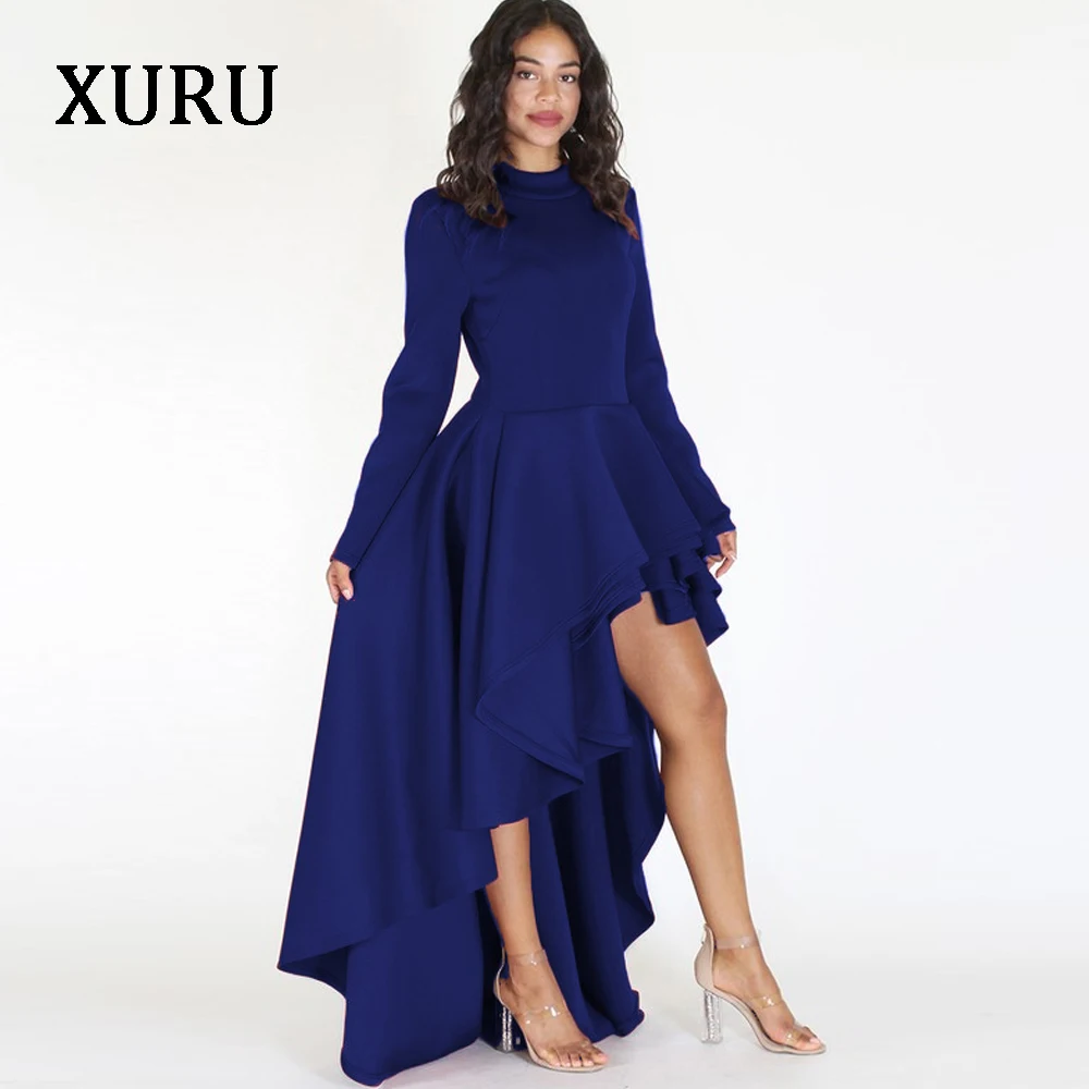 Платье женское асимметричное с длинным рукавом круглым вырезом и каскадными