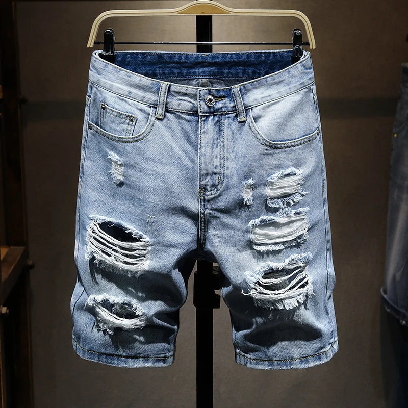 

Джинсовые шорты мужские рваные, модные повседневные брюки с дырками, прямые светильник-голубые, длина до колена, 36, лето