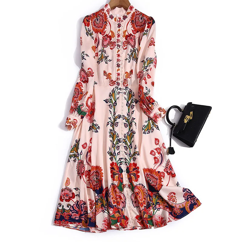 

new women's dress blended with water soluble flower single breasted long sleeve waist tuck long print dress