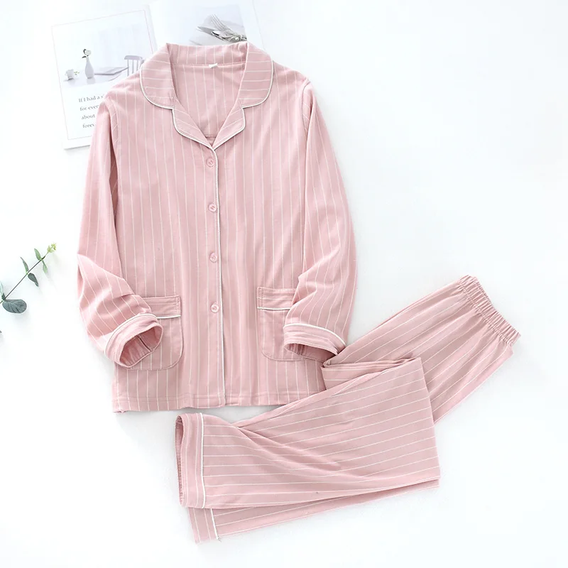 

Fashion Couple Pajamas Suit Ladies Autumn and Winter Pure Cotton Long-sleeved Suit Men's Plus Size Striped Casual Home Wear