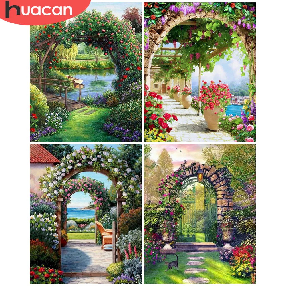 

Картина по номерам HUACAN, садовый пейзаж на холсте, настенная Акриловая картина по номерам, уникальный подарок, дверь для гостиной