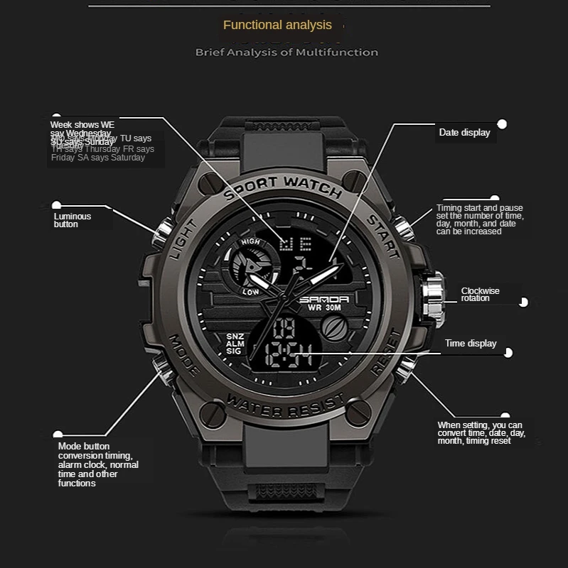 

Black Technology New Watch Men's Large Dial Multi-Function Sports Waterproof Student Electronic Men's Trendy Fashion Men's Watch
