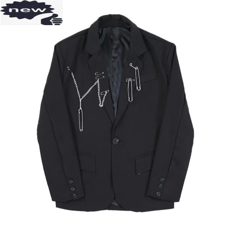 Autumn Vintage Personality Coat Mens Fashion Chain Brooch Black Blazers Casual Loose Fit Male Suit Jackets Elegant Blazer