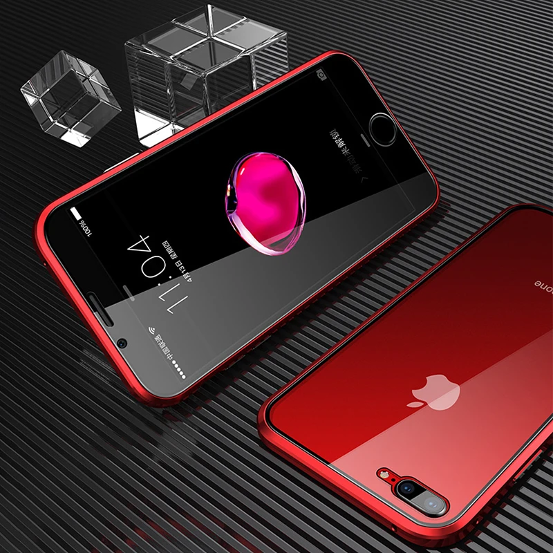 Red 360 магнитный металлический чехол для телефона iphone 7, 8, 6, 6S Plus, двусторонний чехол для iphone X, XR, XS, 11 Pro MAX, чехол-книжка из закаленного стекла - Цвет: Red
