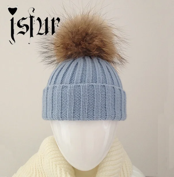 Детская зимняя вязаная шапка с меховым помпоном 15 цветов | Аксессуары для одежды