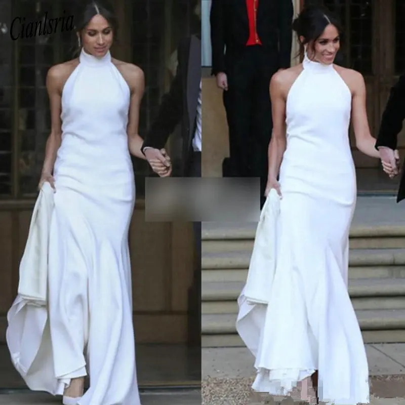 

Elegant White Mermaid Wedding Dresses 2023 Prince Harry Meghan Markle Wedding party Gowns Halter Soft Satin Wedding Recept Dress