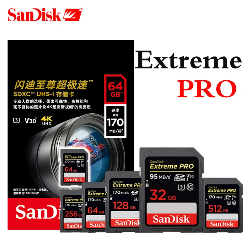 100% Original SanDisk New Extreme PRO SD Card 256gb 128GB 64GB 32gb Class 10 U3 SDXC SDHC Memory Card 170MB/s for SLR Camera