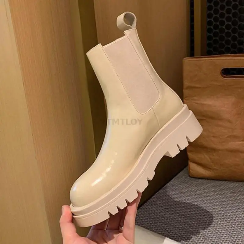 

Женские ботинки из эластичной ткани и искусственной кожи, Нескользящие короткие женские ботильоны на платформе, Женская однотонная удобна...