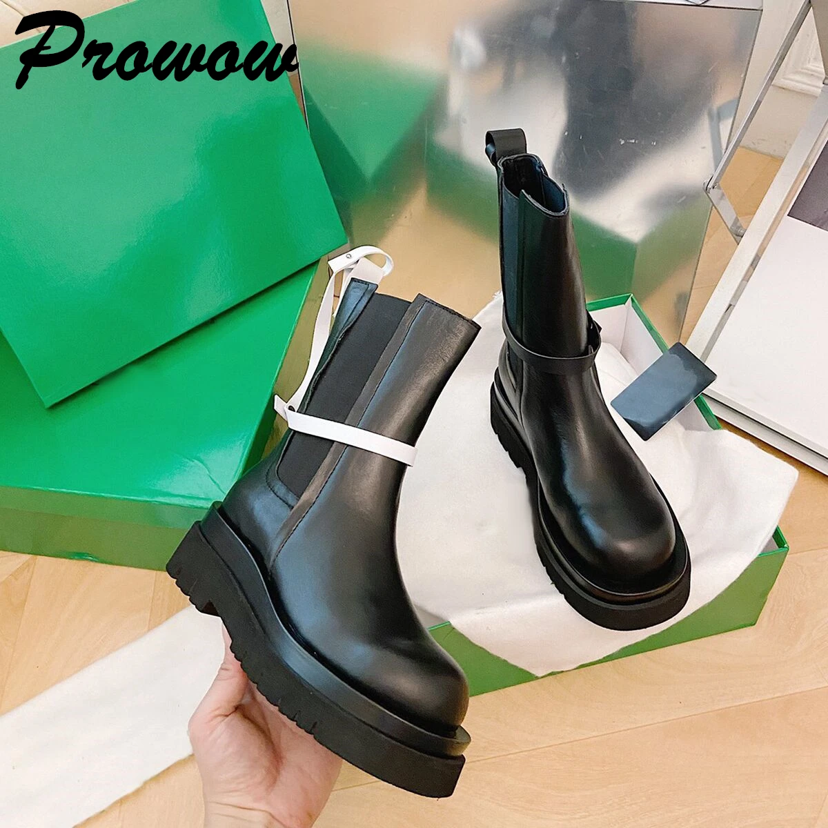

Prowow HIgh Quality Leather Black Boots Chelsea Boots Women luxury Platform Boots Ankle Heel Boots Shoes Women