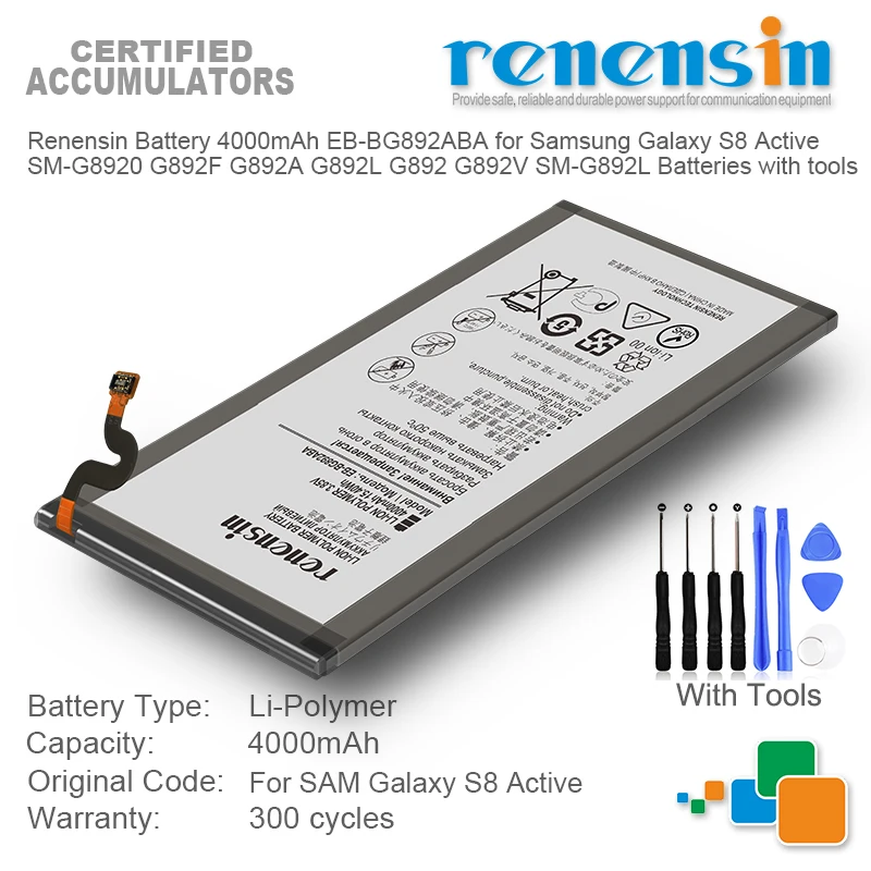 

Renensin Battery 4000mAh EB-BG892ABA for Samsung Galaxy S8 Active SM-G8920 G892F G892A G892L G892 G892V SM-G892L Batteries with